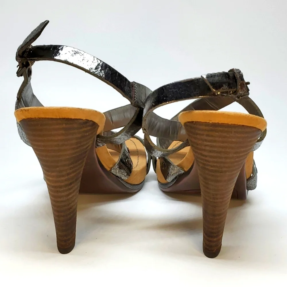 NINE WEST Dimsum Metallic Leather Ankle Strap Heeled Sandal
